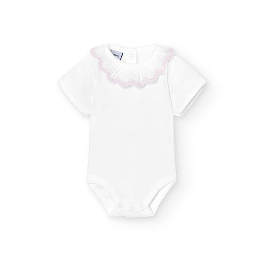 Babidu body/Romper Broderie kraag korte mouw wit/roze