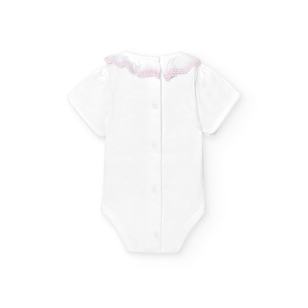 Babidu body/Romper Broderie kraag korte mouw wit/roze